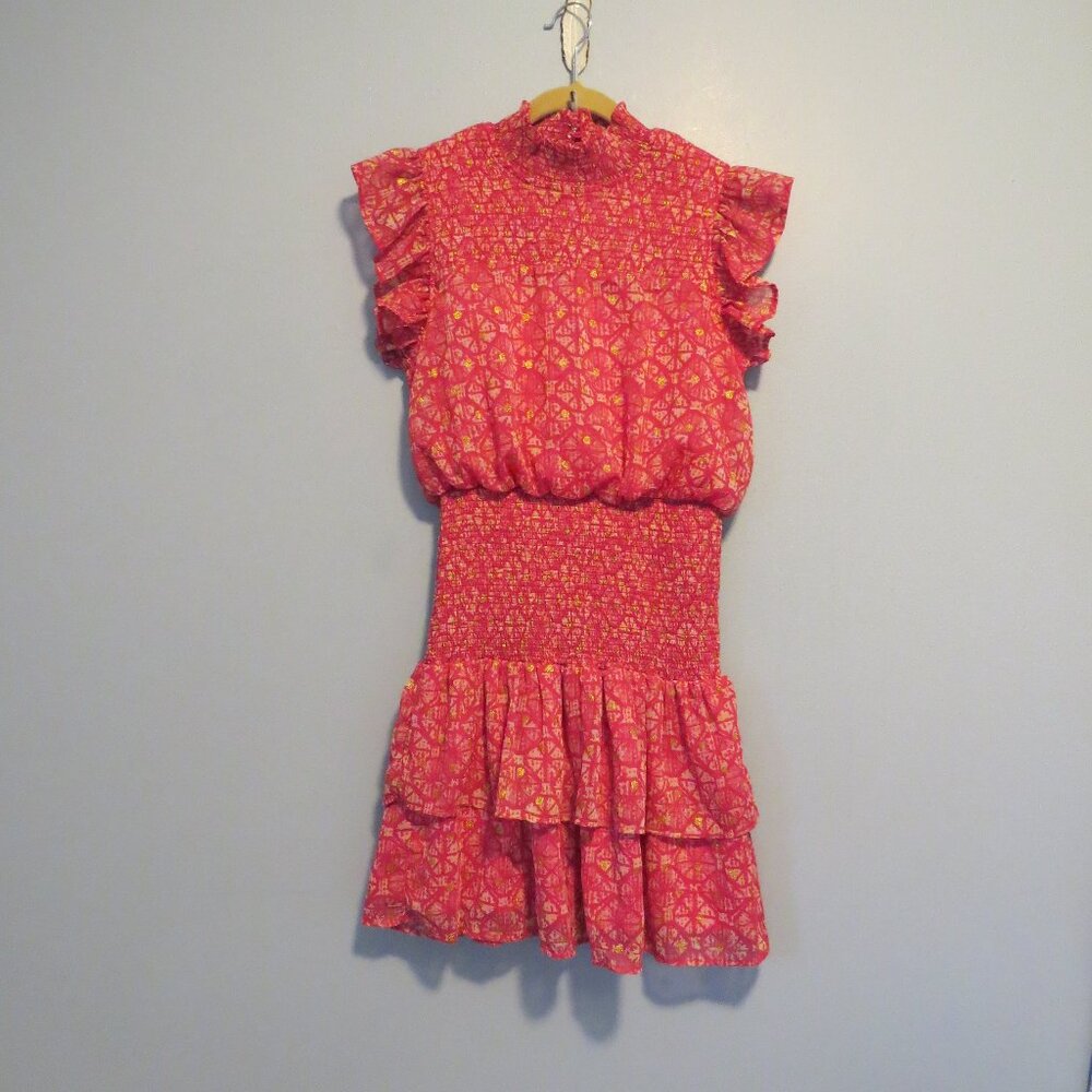 AQUA Pink Printed Smocked Flutter Sleeve Mini Dress Sz S Gold Metallic